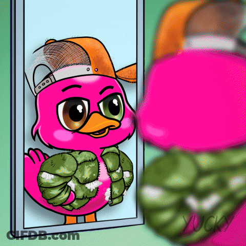 A Drawing Of A Pink Duck Wearing A Hat And Jacket GIF