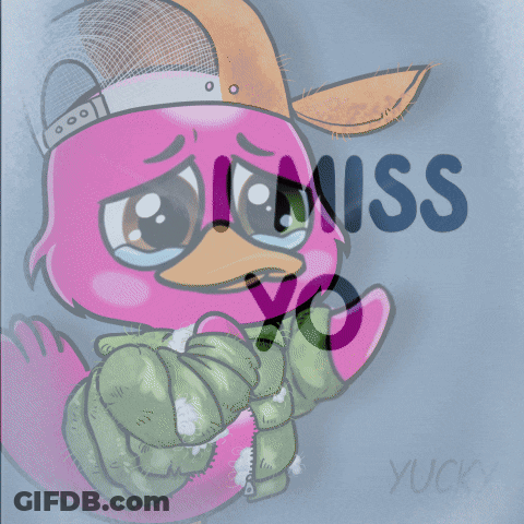 A Drawing Of A Pink Flamingo With The Words " I Miss You " On The Bottom GIF