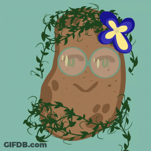 A Drawing Of A Potato With Glasses And A Flower In Its Hair GIF