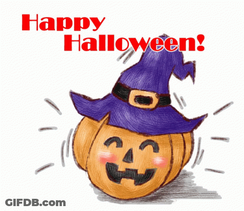 A Drawing Of A Pumpkin Wearing A Witch Hat With The Words Happy Halloween Above It GIF