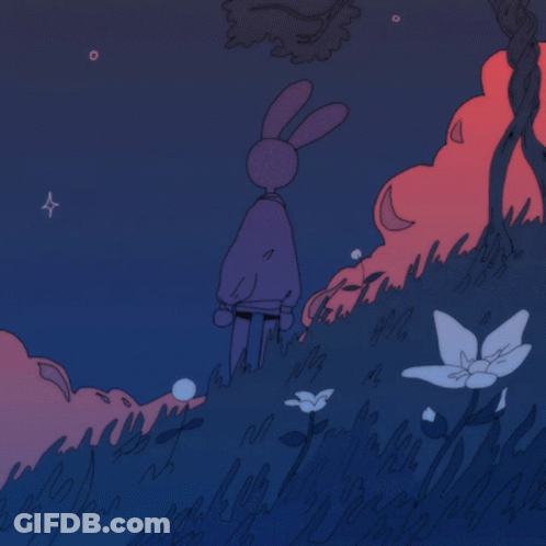 A Drawing Of A Rabbit In A Field With Flowers And Trees GIF
