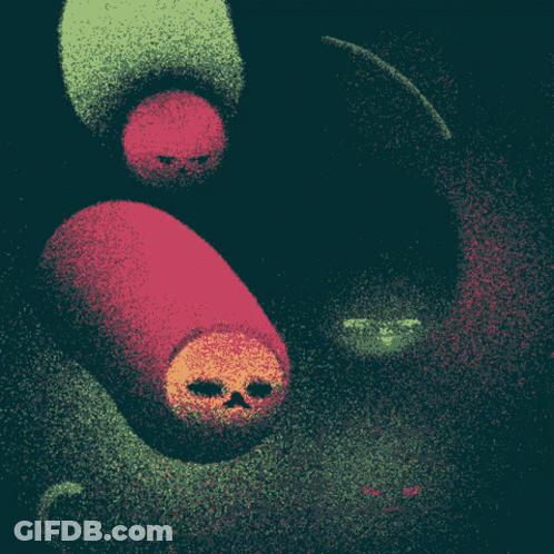 A Drawing Of A Red And Green Object With Faces On It GIF