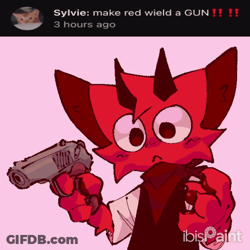 A Drawing Of A Red Cat Holding A Gun GIF