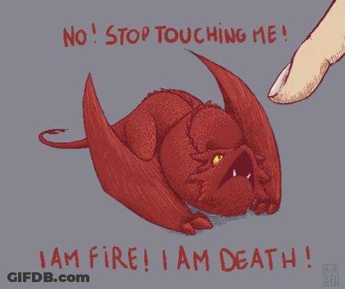 A Drawing Of A Red Dragon With The Words " No Stop Touching Me I Am Fire I Am Death " GIF