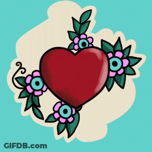 A Drawing Of A Red Heart Surrounded By Pink Flowers And Green Leaves GIF