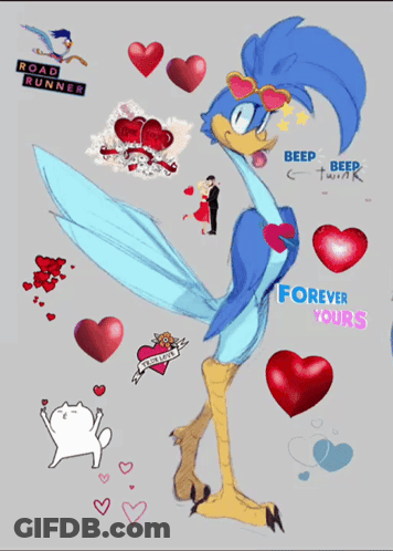 A Drawing Of A Road Runner Surrounded By Hearts And The Words " Forever Yours " GIF