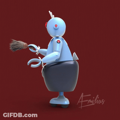 A Drawing Of A Robot Holding A Broom With The Name Emilius Below It GIF