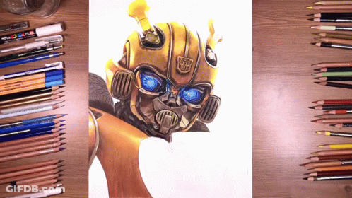 A Drawing Of A Robot With Blue Eyes Is Surrounded By Colored Pencils GIF