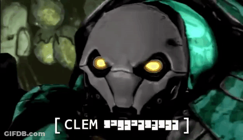 A Drawing Of A Robot With Glowing Eyes And The Words `` Clem '' Written Below It . GIF