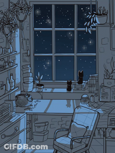 A Drawing Of A Room With A Cat Looking Out A Window At Night GIF