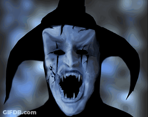A Drawing Of A Scary Face With Fangs And A Black Hat GIF