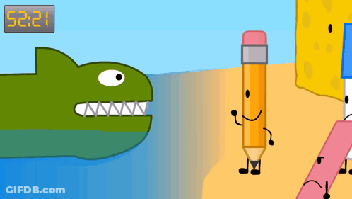A Drawing Of A Shark And A Pencil With A Clock That Says 52.21 GIF