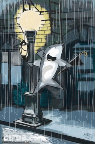 A Drawing Of A Shark Holding An Umbrella Standing On A Lamp Post GIF