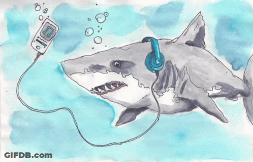 A Drawing Of A Shark Wearing Headphones With The Words Almost Heaven West Virginia On It GIF