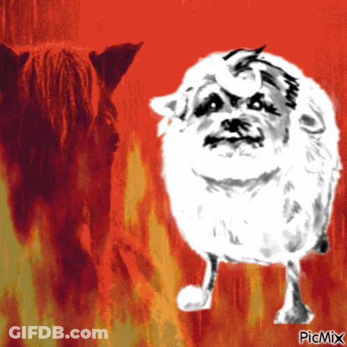 A Drawing Of A Sheep Standing In Front Of A Fire With Picmix In The Bottom Right Corner GIF