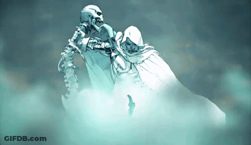 A Drawing Of A Skeleton And A Man In A Hood GIF