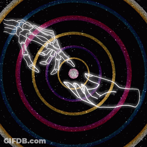 A Drawing Of A Skeleton Hand Reaching Out Towards A Diamond GIF