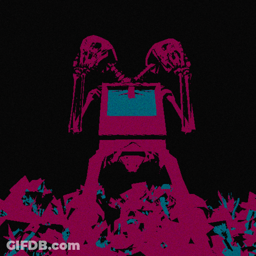 A Drawing Of A Skeleton Holding A Box With A Blue Screen On It GIF