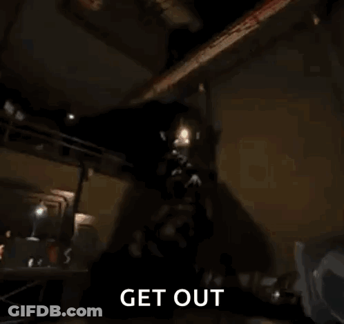 A Drawing Of A Skeleton Holding A Gun With The Words Get Out Written Below It GIF
