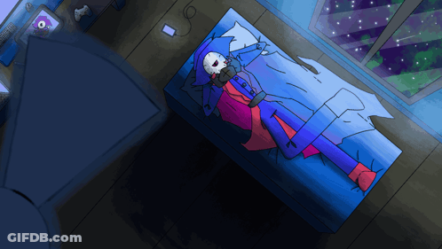 A Drawing Of A Skeleton Laying On A Bed With A Cd Player In The Background GIF