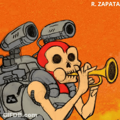 A Drawing Of A Skeleton Playing A Trumpet With The Name R. Zapata Above It GIF