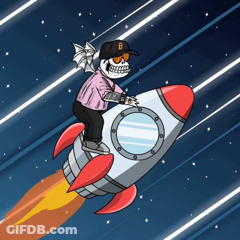 A Drawing Of A Skeleton Riding A Rocket In Space GIF