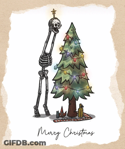 A Drawing Of A Skeleton Standing Next To A Christmas Tree With The Words Merry Christmas Written Below It GIF