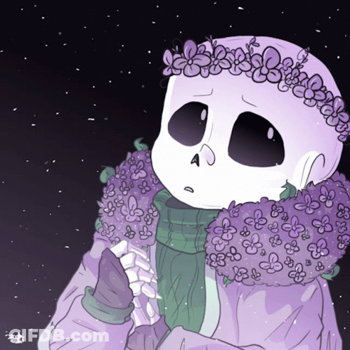 A Drawing Of A Skeleton Wearing Purple Flowers And A Green Scarf GIF