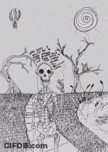 A Drawing Of A Skeleton With The Words How Easy It Would Be To Wage Among The Bushes GIF