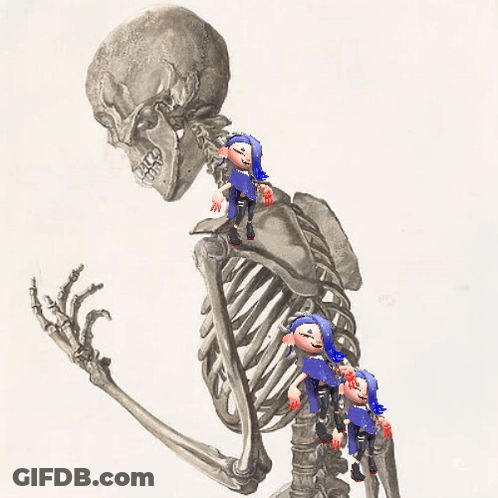 A Drawing Of A Skeleton With Three Cartoon Characters On Top GIF