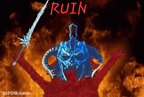 A Drawing Of A Skull Holding A Sword With The Word Ruin Written Above It GIF