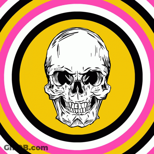 A Drawing Of A Skull In A Circle With A Pink And Yellow Background GIF