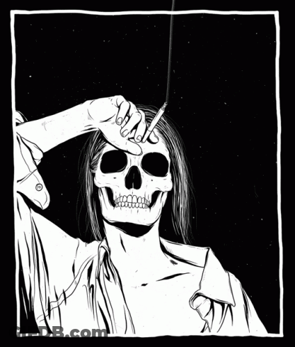 A Drawing Of A Skull Smoking A Cigarette With Smoke Coming Out Of It GIF