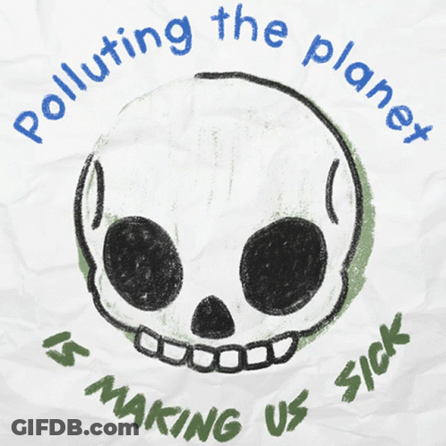A Drawing Of A Skull With Polluting The Planet Written Around It GIF
