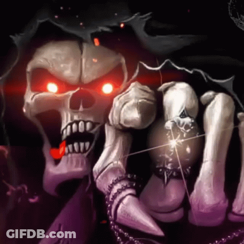 A Drawing Of A Skull With Red Eyes Holding Something In His Hands GIF
