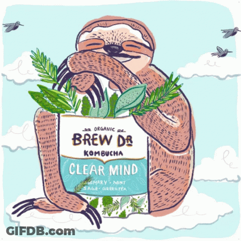 A Drawing Of A Sloth Holding A Bag Of Kombucha GIF
