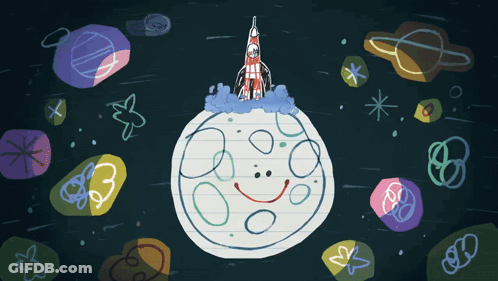 A Drawing Of A Smiling Moon With A Rocket On Top Of It GIF
