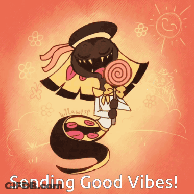 A Drawing Of A Snake Holding A Lollipop With The Words " Sending Good Vibes " Below It GIF