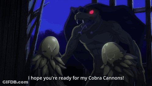 A Drawing Of A Snake With The Words " I Hope You 'Re Ready For My Cobra Cannons " GIF