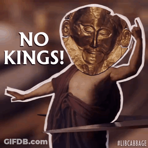 A Drawing Of A Statue With The Words No Kings On It GIF