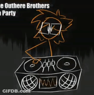 A Drawing Of A Stick Figure Sitting On A Box With The Words " The Outhere Brothers " On It GIF