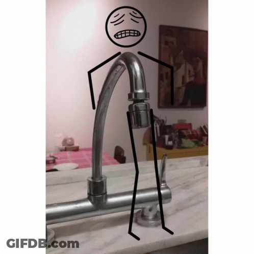 A Drawing Of A Stick Figure Standing Next To A Faucet With A Sad Face Drawn On It GIF
