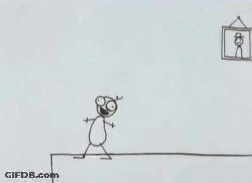 A Drawing Of A Stick Figure Standing On A Ledge Next To A Picture On A Wall . GIF