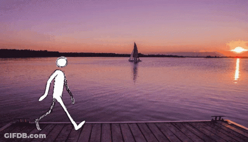 A Drawing Of A Stick Figure Walking On A Dock At Sunset GIF