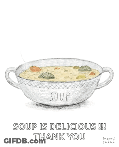 A Drawing Of A Submarine In A Bowl Of Soup With The Words " Soup Is Delicious !!! Thank You " Below It GIF