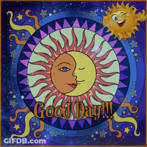 A Drawing Of A Sun And A Crescent Moon With The Words Good Day GIF
