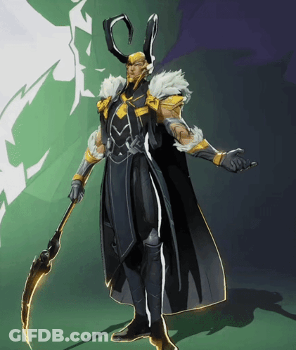 A Drawing Of A Superhero With Horns And A Scythe GIF