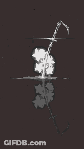 A Drawing Of A Sword Surrounded By Flowers On A Dark Background GIF