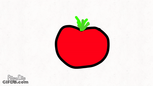 A Drawing Of A Tomato With A Green Stem And A Smiling Face GIF