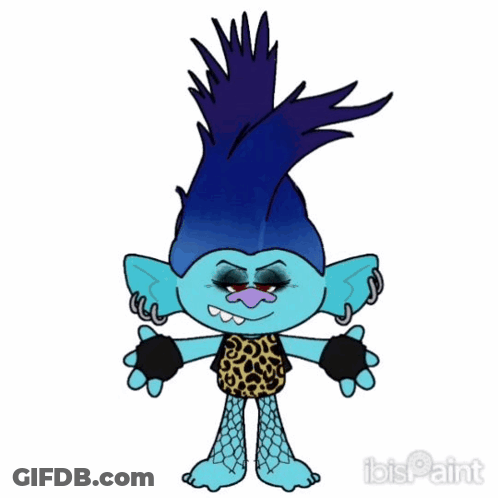 A Drawing Of A Troll With Blue Hair And A Leopard Print Shirt GIF